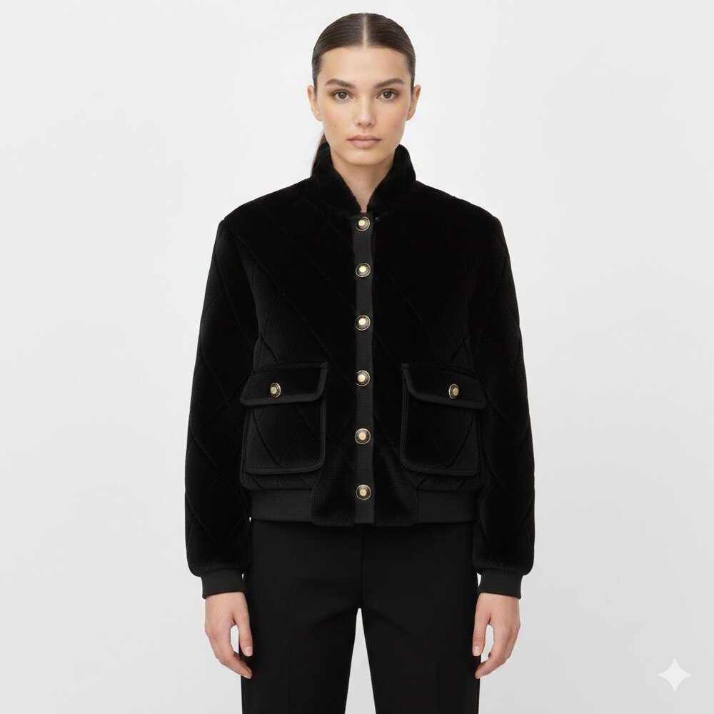 St. John Collection Faux Fur Jacket XS Womens Black Gold Button Front Lined